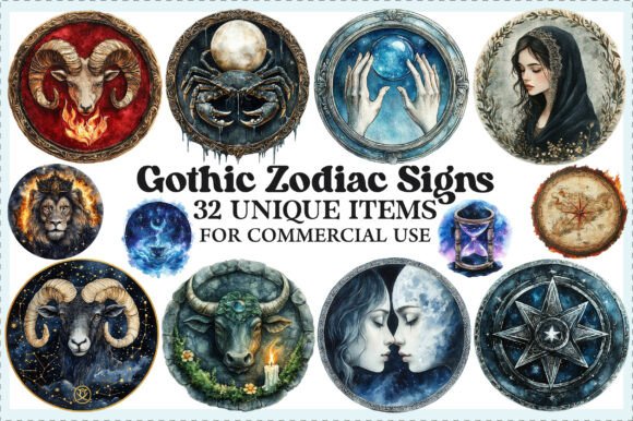 Download Gothic Zodiac Signs Round Clipart - Round Collection